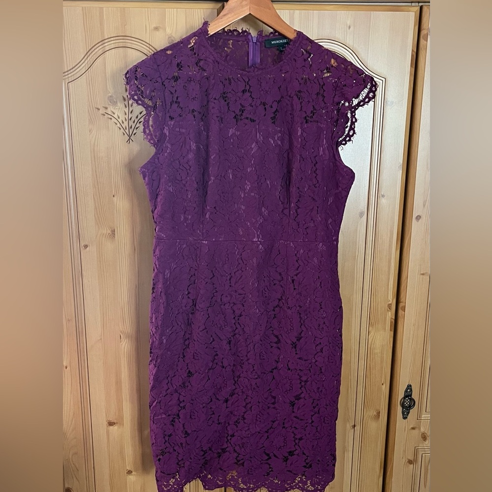 Purple Sheath Midi Dress with Mock Neck and Cap Sleeves